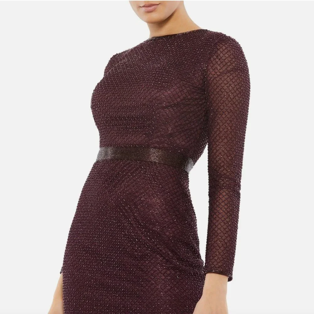NEW $398 Mac Duggal [ 10‎ ] Bugle Beaded Long Sleeve Midi Dress Abergine #Q487 - Picture 2 of 15